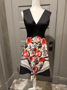 Clover Canyon Black V-Neck Midi Dress with Red Floral Skirt